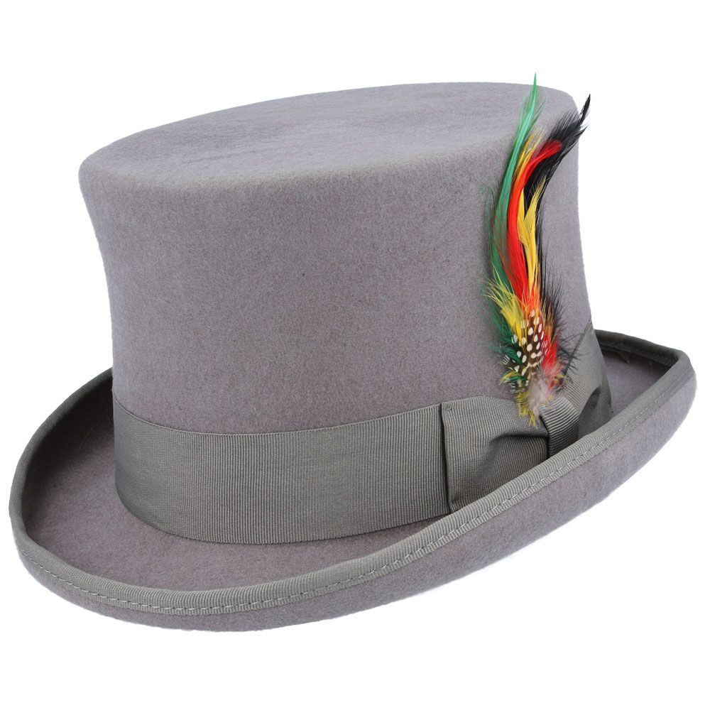 Wool Felt Top Hat - Handcrafted The Wool Felt Top Hat is a handcrafted classic made from 100% wool felt. It features a 5 2/5" high crown, a 2 2/6" wide curved brim, satin lining, and a leather sweatband. The grosgrain hat band and removable feather add a touch of elegance. Hat Details: Hand Made Made of 100% Wool Felt