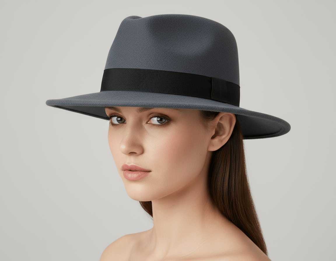 Grey Handmade Wide Brim Wool Felt Fedora Hat. Crafted from 100% premium wool for unmatched quality and superior comfort. Features a grosgrain ribbon for classic appeal.