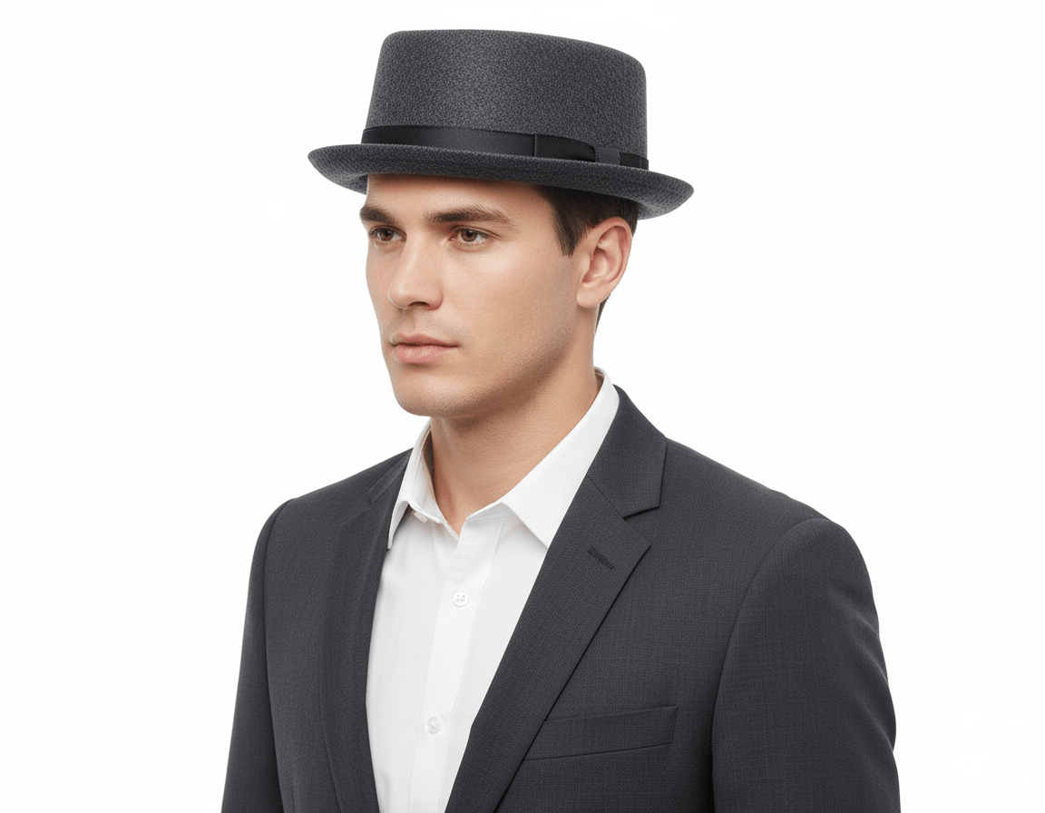Classic Round Pork Pie Hat in 30% wool blend. Stylish upturned brim, ribbon band. Black or Grey, sizes S/M (55-57cm) and (58-60cm). Comfortable, easy to clean. Sponge clean only.