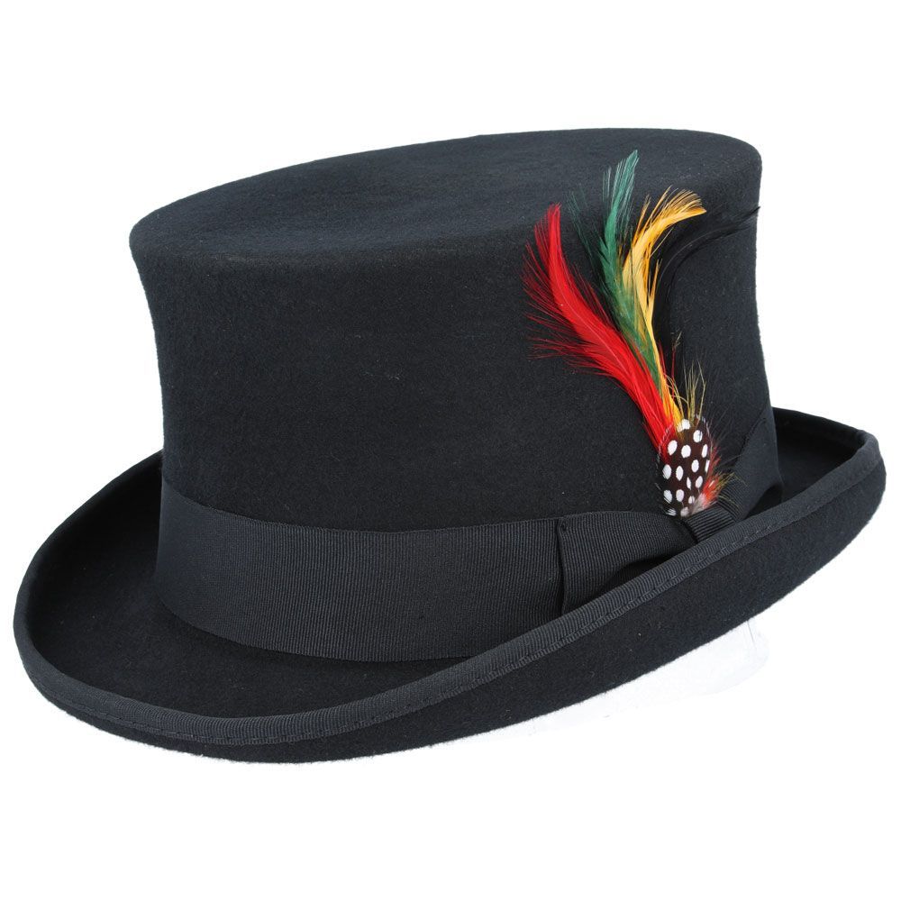 Wool Felt Top Hat - Handcrafted The Wool Felt Top Hat is a handcrafted classic made from 100% wool felt. It features a 5 2/5" high crown, a 2 2/6" wide curved brim, satin lining, and a leather sweatband. The grosgrain hat band and removable feather add a touch of elegance. Hat Details: Hand Made Made of 100% Wool Felt