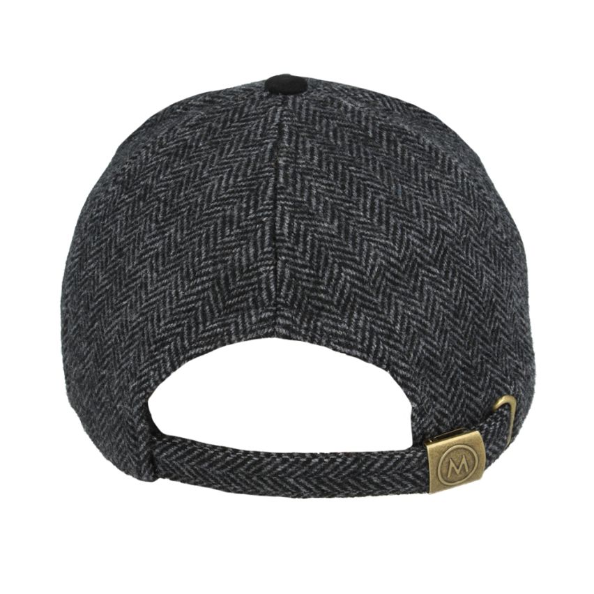Front view of tweed baseball cap with suede peak by Novella Hats