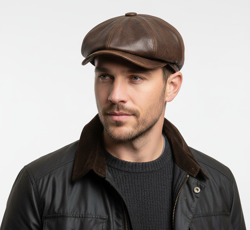 Sheep Skin Leather Newsboy Cap (aka cabbie cap)