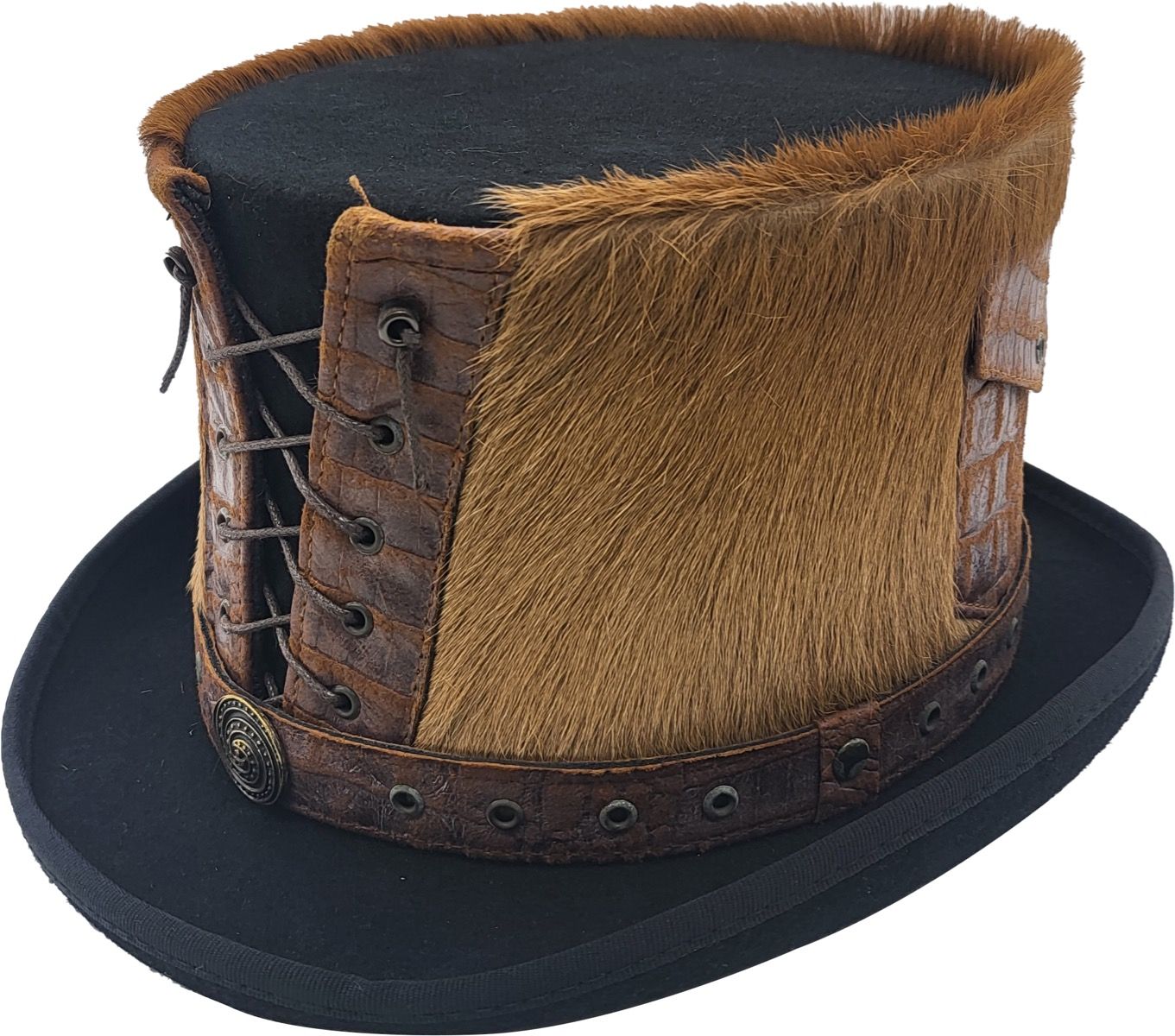 Handcrafted Steampunk Victorian 12cm wool felt top hat featuring authentic leather strap detailing. Perfect for steampunk enthusiasts, vintage fashion lovers, and statement dressing. Available in sizes 55-60cm. Each hat combines premium materials with artisan craftsmanship. A distinctive piece for both events and fancy wear.