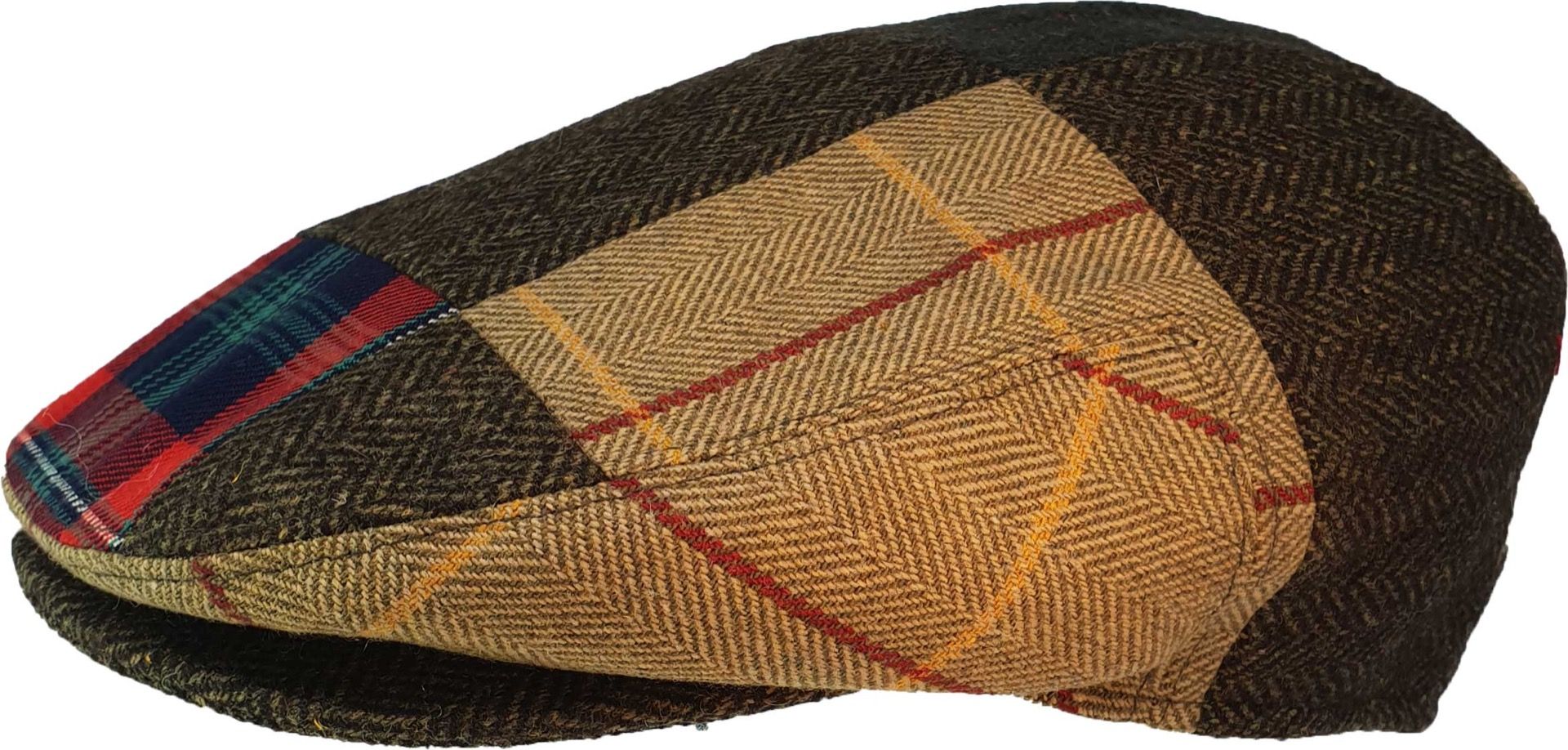 Authentic Italian-inspired patchwork flat cap (Bunnet), crafted from wool-polyester blend with satin lining. Each 27x25cm cap features traditional Southern Italian design from the 1800s. Available in S/M (55-57cm) and L/XL (58-60cm). Includes sweatband for comfort and folds easily for travel.
