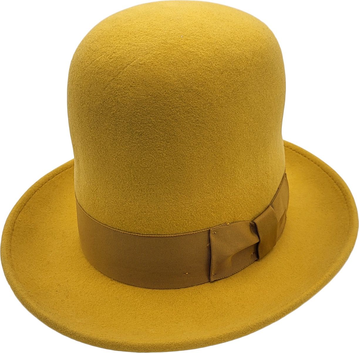 Mustard- Yellow Handmade Oversized Tall Hat. Premium 100% wool construction with superior comfort. One size fits most, featuring an adjustable inner Velcro strap. Wrapped with a ribbon band and side bow. Available in Black, Burgundy, Teal, Mustard-Yellow, Camel-Brown, Royal-Blue. Unmatched quality for a timeless, unique look.