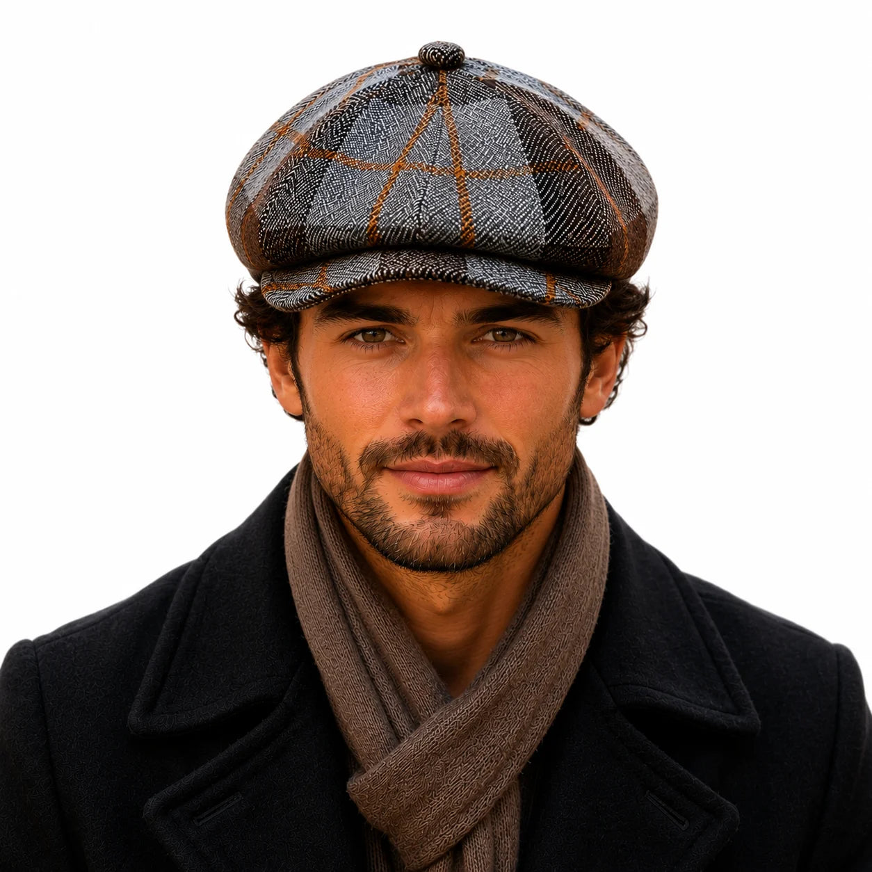 Man wearing a plaid cap and scarf on a white background