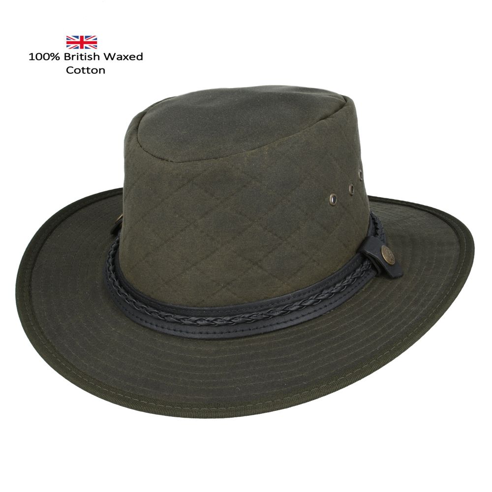 cowboy hat in quilted British waxed cotton with UPF 40+ protection. Features 10cm western crown and shapeable 7.5cm brim. Available in Black, Brown, and Olive, sizes 55-61cm. Complete with chin strap and ventilation. Combines authentic western style with British durability.