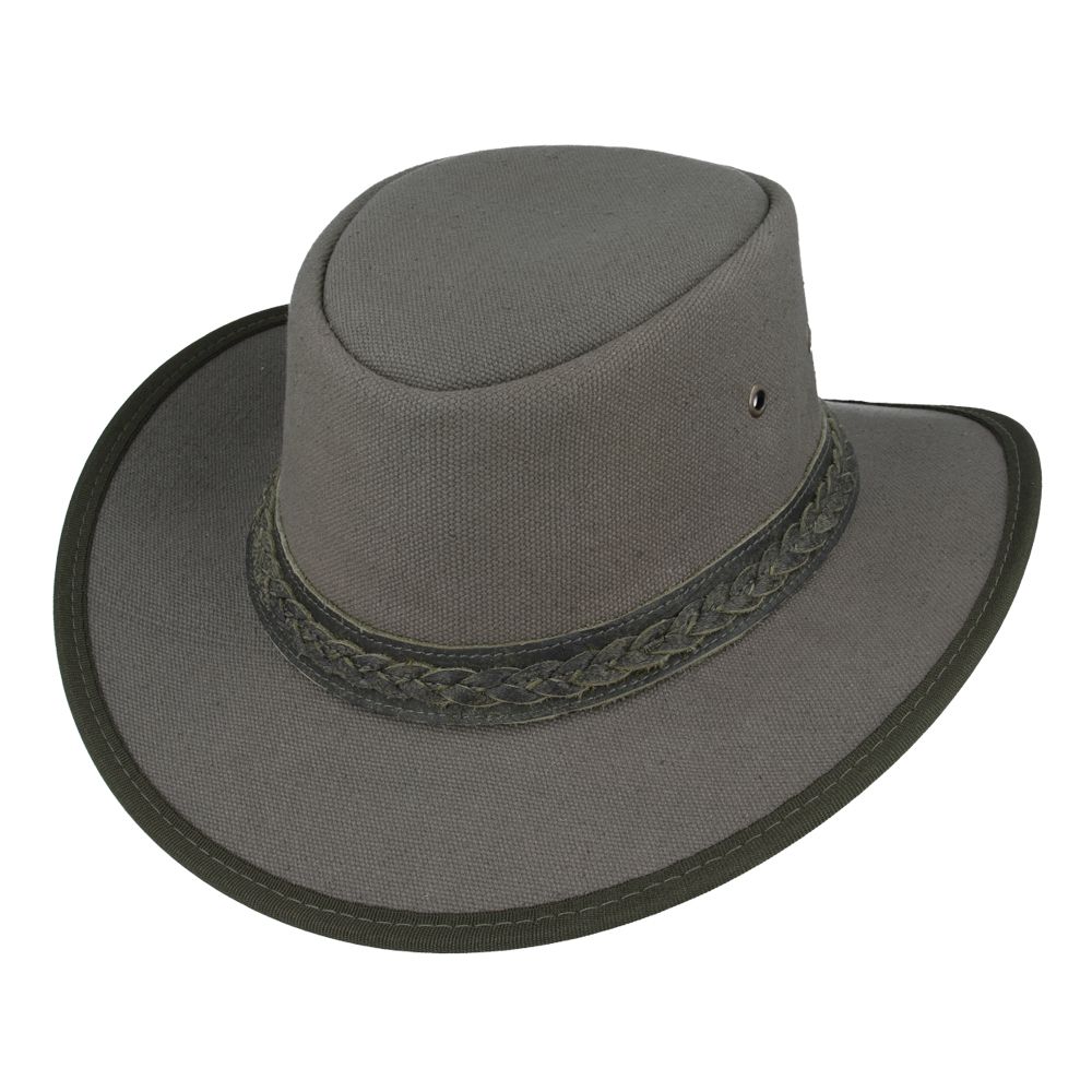 Authentic Australian outback hat in thick waxed canvas with UPF 40+ protection. Features 10cm crown height, chin strap, and braided leather band. Available in Black, Brown, and Olive, sizes 55-61cm. Perfect for outback adventures with maximum ventilation and sun protection.