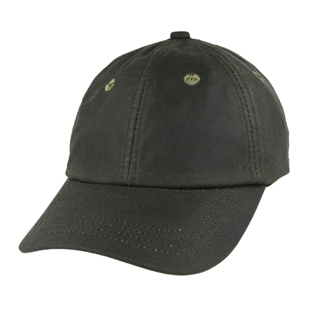 Water Resistant British waxed cotton baseball cap with UPF 40+ protection. Features traditional side eyelets and adjustable Velcro strap. Available in Olive, Black, and Brown. Combines countryside durability with sun safety. Perfect for outdoor activities in any weather.