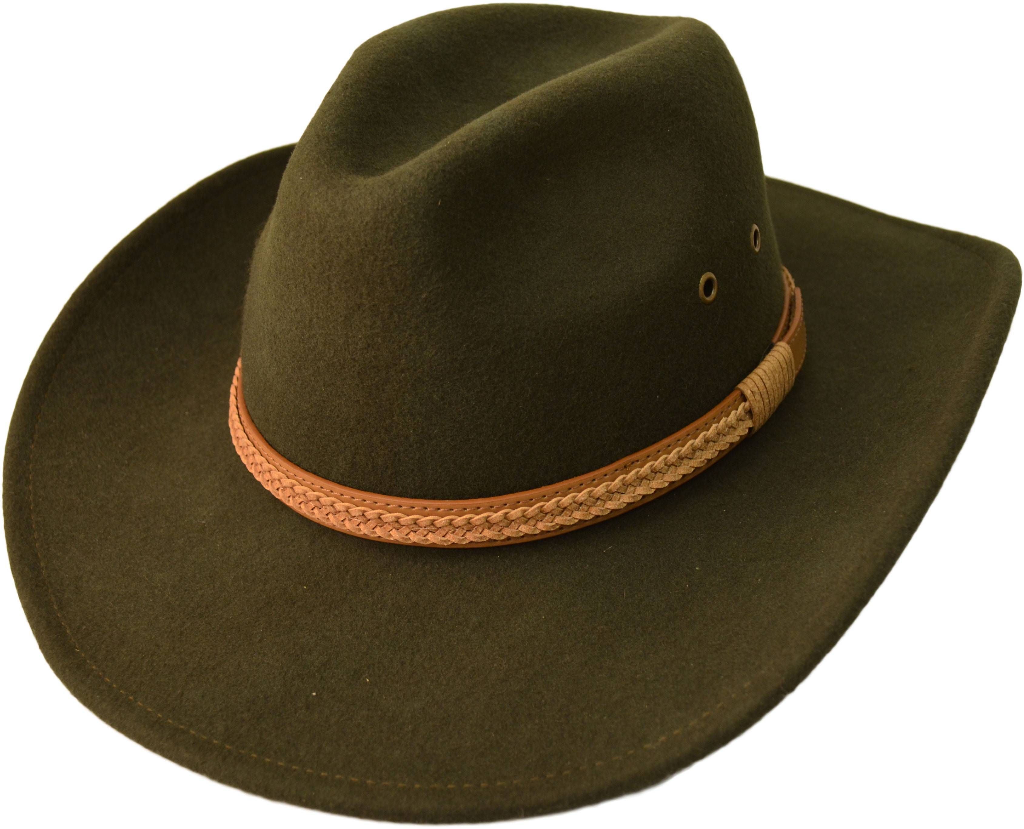 Western style with our handmade 100% wool felt cowboy hat. Crushable, water-repellent, and supremely comfortable. Features wide brim for sun protection and high crown for ventilation. Available in Black, Brown, Olive-Green, and White, sizes S/M and L/XL. Durable, practical, and timelessly stylish for any cowboy.