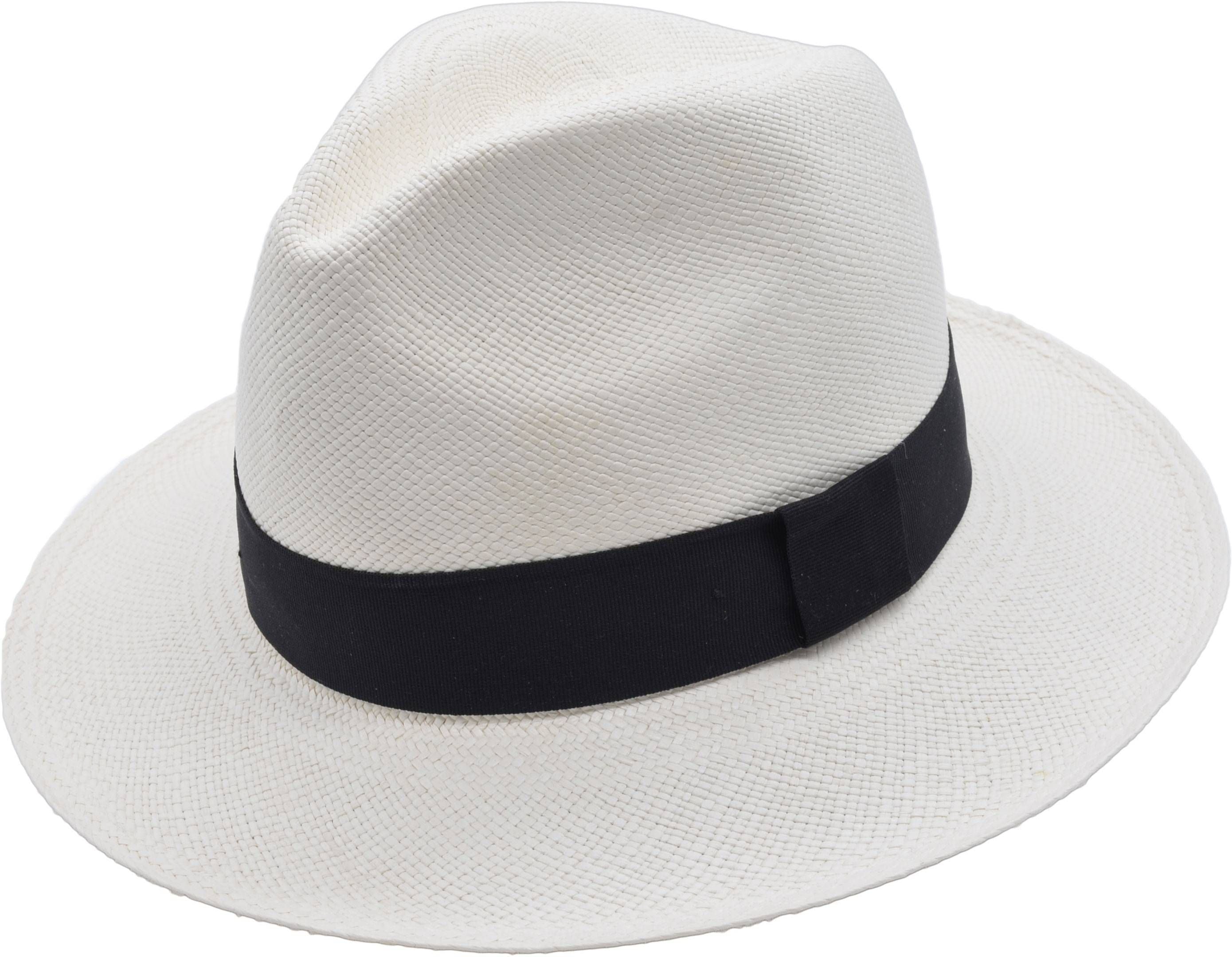 Genuine Ecuadorian Panama Fedora hat, handwoven from Paja Toquilla straw. Each hat features a black grosgrain ribbon and can be styled with a feather pin for added elegance. Available in sizes 55-60cm. Combines authentic craftsmanship with natural sun protection. A customizable summer classic.