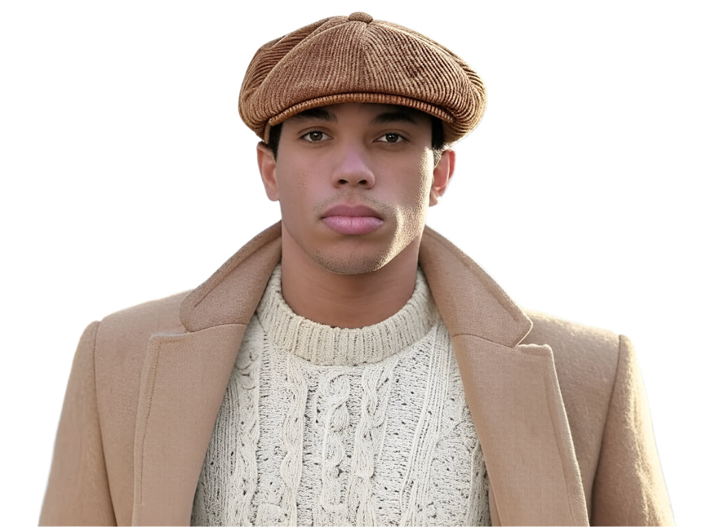 Men's Corduroy Peaky Blinders Newsboy Cap. British Stylish Baker Boy Cap. Gatsby Hat Bunnet Cap. Classic style made of 100% cotton with quilted 100% polyester lining. Features two clips on the visor. Available sizes: Small (55cm), Medium (57cm), Large (59cm), X-Large (61cm). Perfect for a stylish and comfortable fit.