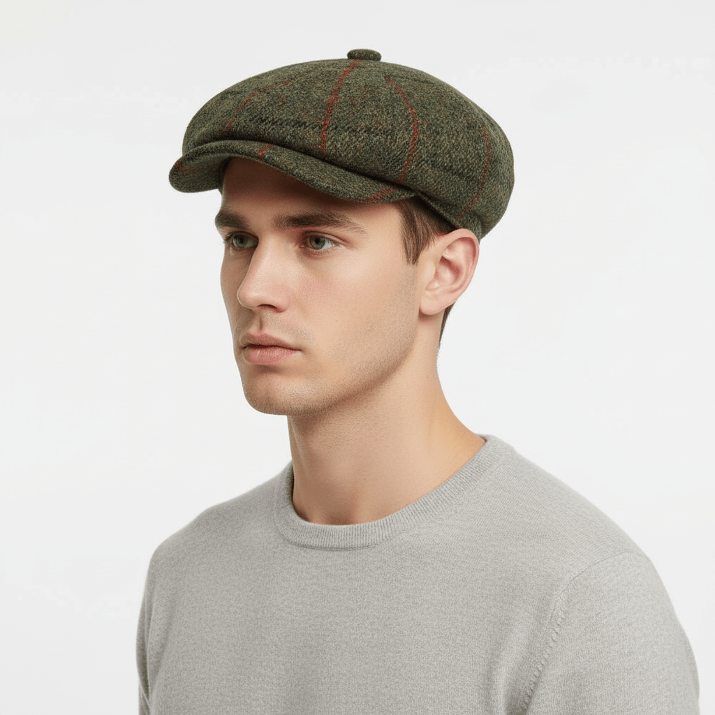 Inspired by the iconic Peaky Blinders style, this Harris Tweed Newsboy Cap features a classic herringbone pattern, combining heritage craftsmanship with modern elegance, making it a perfect addition to any wardrobe.
