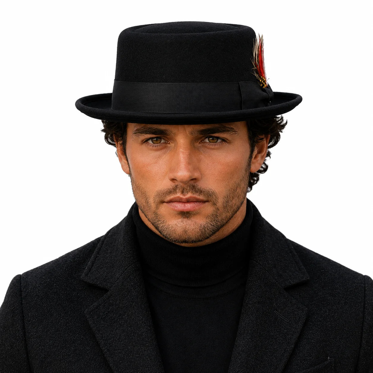 Man wearing a black fedora hat with a decorative feather against a white background