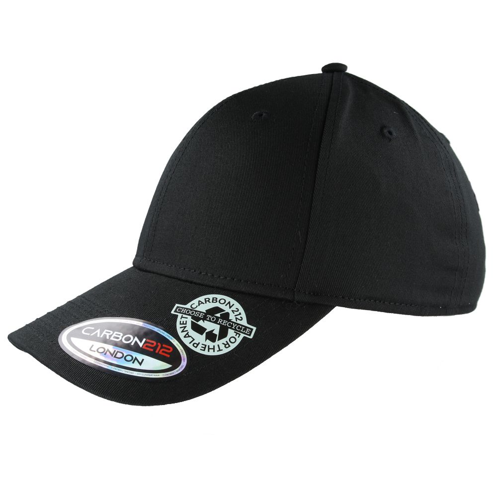 Black eco-friendly recycled cotton baseball cap by Carbon212. Made from 60% recycled cotton, this cap features a pre-curved visor, buckle closure, and cotton sweatband. One size fits all. The recycled cotton baseball cap by Carbon212 is a sustainable and stylish choice for any season. Made from 60% recycled cotton