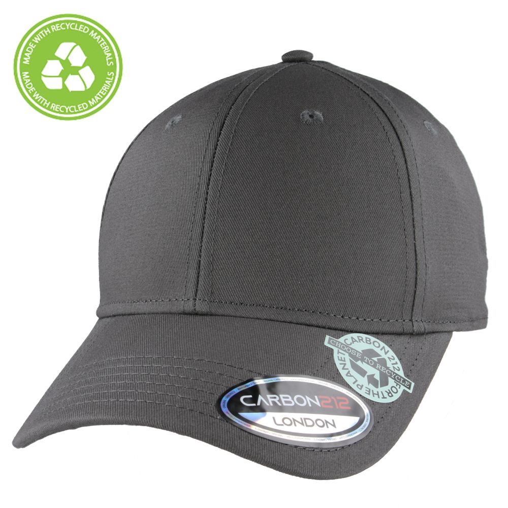 Black eco-friendly recycled cotton baseball cap by Carbon212. Made from 60% recycled cotton, this cap features a pre-curved visor, buckle closure, and cotton sweatband. One size fits all. The recycled cotton baseball cap by Carbon212 is a sustainable and stylish choice for any season. Made from 60% recycled cotton