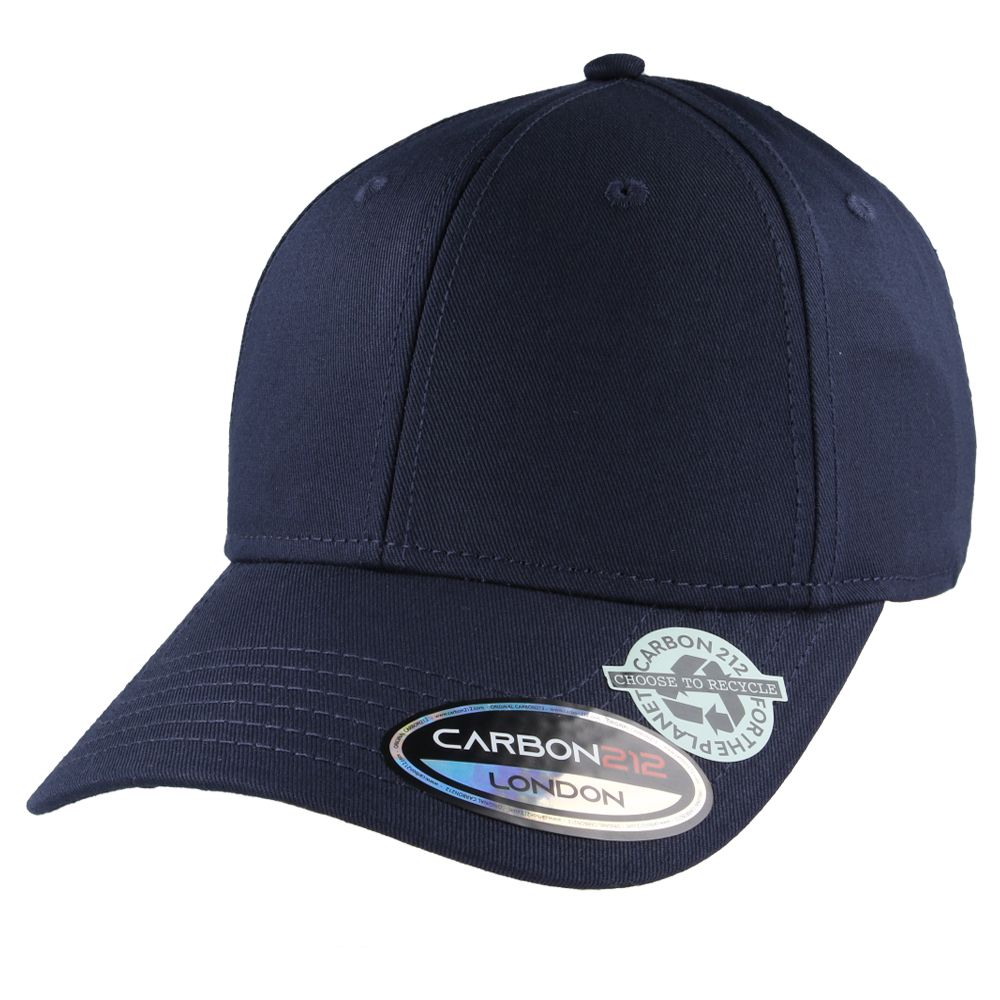 Black eco-friendly recycled cotton baseball cap by Carbon212. Made from 60% recycled cotton, this cap features a pre-curved visor, buckle closure, and cotton sweatband. One size fits all. The recycled cotton baseball cap by Carbon212 is a sustainable and stylish choice for any season. Made from 60% recycled cotton