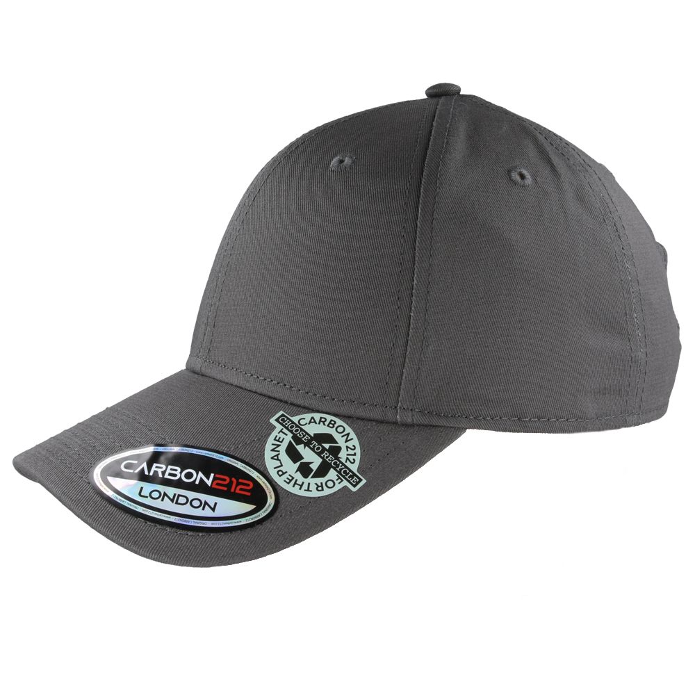 Black eco-friendly recycled cotton baseball cap by Carbon212. Made from 60% recycled cotton, this cap features a pre-curved visor, buckle closure, and cotton sweatband. One size fits all. The recycled cotton baseball cap by Carbon212 is a sustainable and stylish choice for any season. Made from 60% recycled cotton