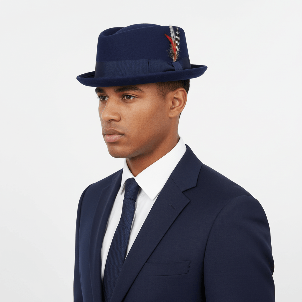 Navy Crushable Wool Felt Diamond Crown Pork Pie Hat. Perfect for travel, this handmade hat features a comfortable cotton sweatband and a removable feather. Available in multiple sizes.