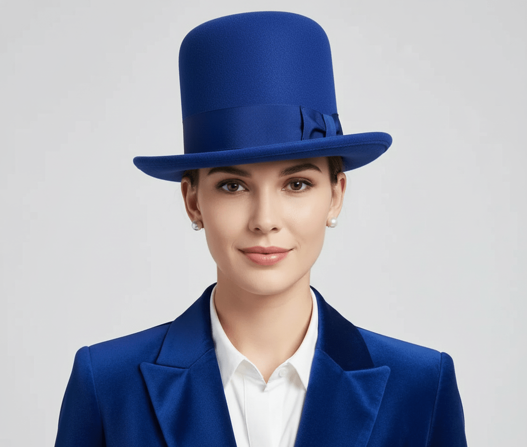 Royal Blue elegant 20cm high crown bowler hat handcrafted from 100% luxury wool. This oversized tall bowler features adjustable Velcro fit and elegant ribbon detail. Available in six colors: Black, Burgundy, Teal, Mustard Yellow, Camel Brown, and Royal Blue. A bold theatrical statement piece.