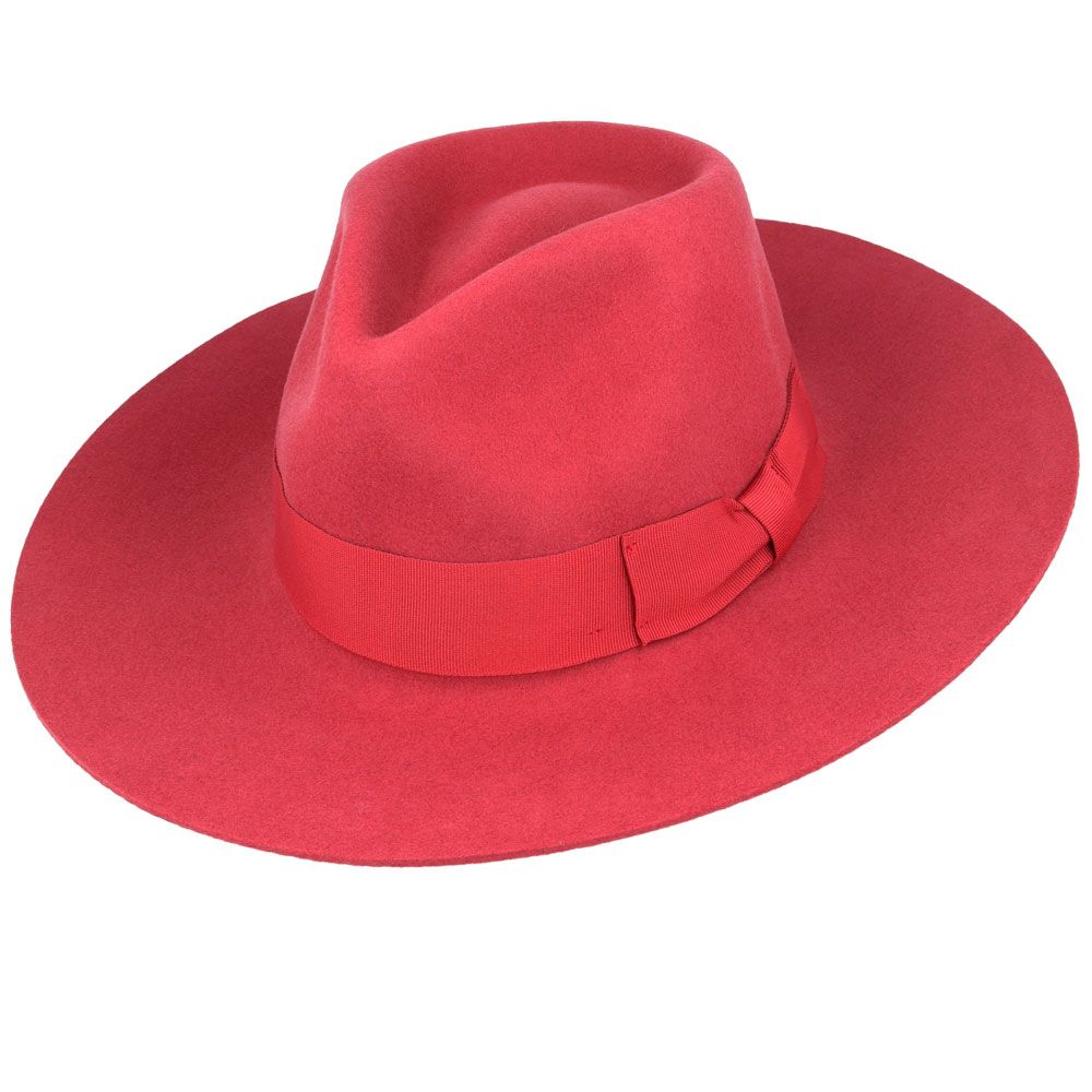 The Daisy Wide Stiff & Snap Brim Fedora Hat by Novella Hats is a versatile and stylish accessory for both men and women. Made of 100% wool felt, this fedora features a stiff crown and brim for a structured look. Available in ruby, black, and gold, the hat boasts an approximately 10.5cm high crown 