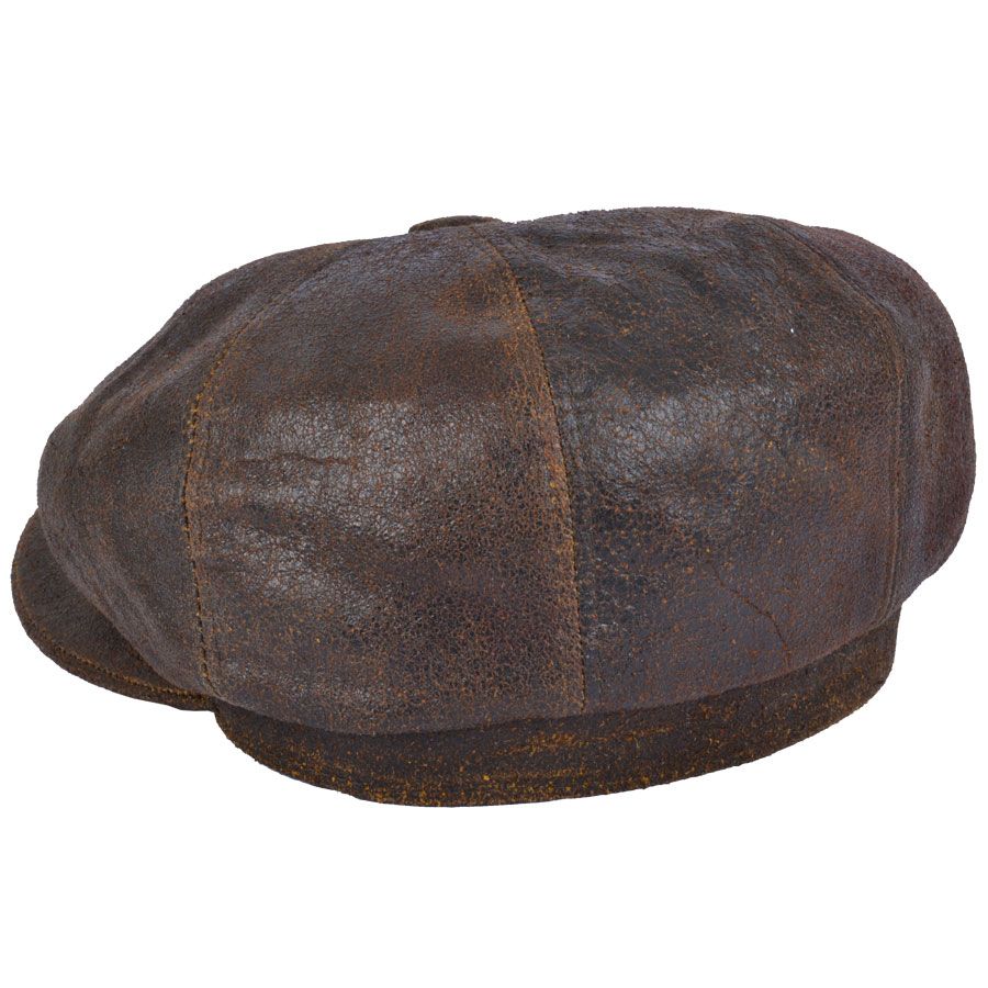 Sheep Skin Newsboy Leather Cap in Brown, crafted from 100% sheepskin leather for a vintage look. Features include a stitched-down brim, cotton lining, and an eight-panel design with a buttoned top. Available in sizes S-XL. Handcrafted with genuine leather for timeless style. Also known as a cabbie hat.