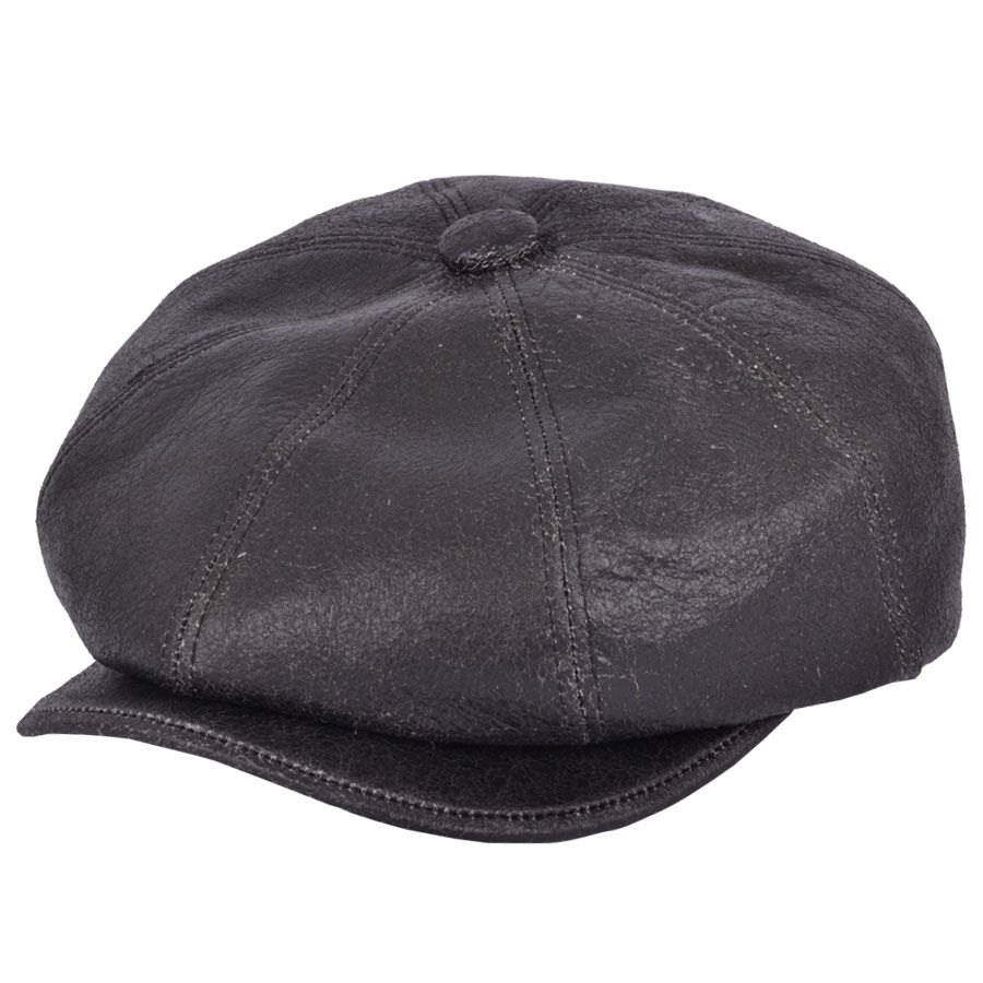 Sheep Skin Newsboy Leather Cap in Brown, crafted from 100% sheepskin leather for a vintage look. Features include a stitched-down brim, cotton lining, and an eight-panel design with a buttoned top. Available in sizes S-XL. Handcrafted with genuine leather for timeless style. Also known as a cabbie hat.