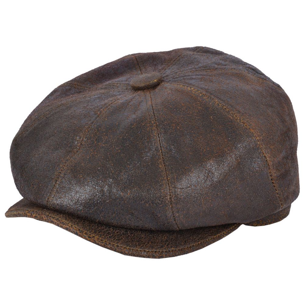 Sheep Skin Newsboy Leather Cap in Brown, crafted from 100% sheepskin leather for a vintage look. Features include a stitched-down brim, cotton lining, and an eight-panel design with a buttoned top. Available in sizes S-XL. Handcrafted with genuine leather for timeless style. Also known as a cabbie hat