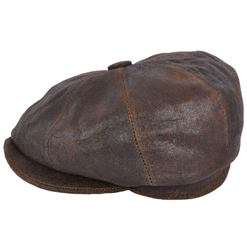 Sheep Skin Newsboy Leather Cap in Brown, crafted from 100% sheepskin leather for a vintage look. Features include a stitched-down brim, cotton lining, and an eight-panel design with a buttoned top. Available in sizes S-XL. Handcrafted with genuine leather for timeless style. Also known as a cabbie hat.