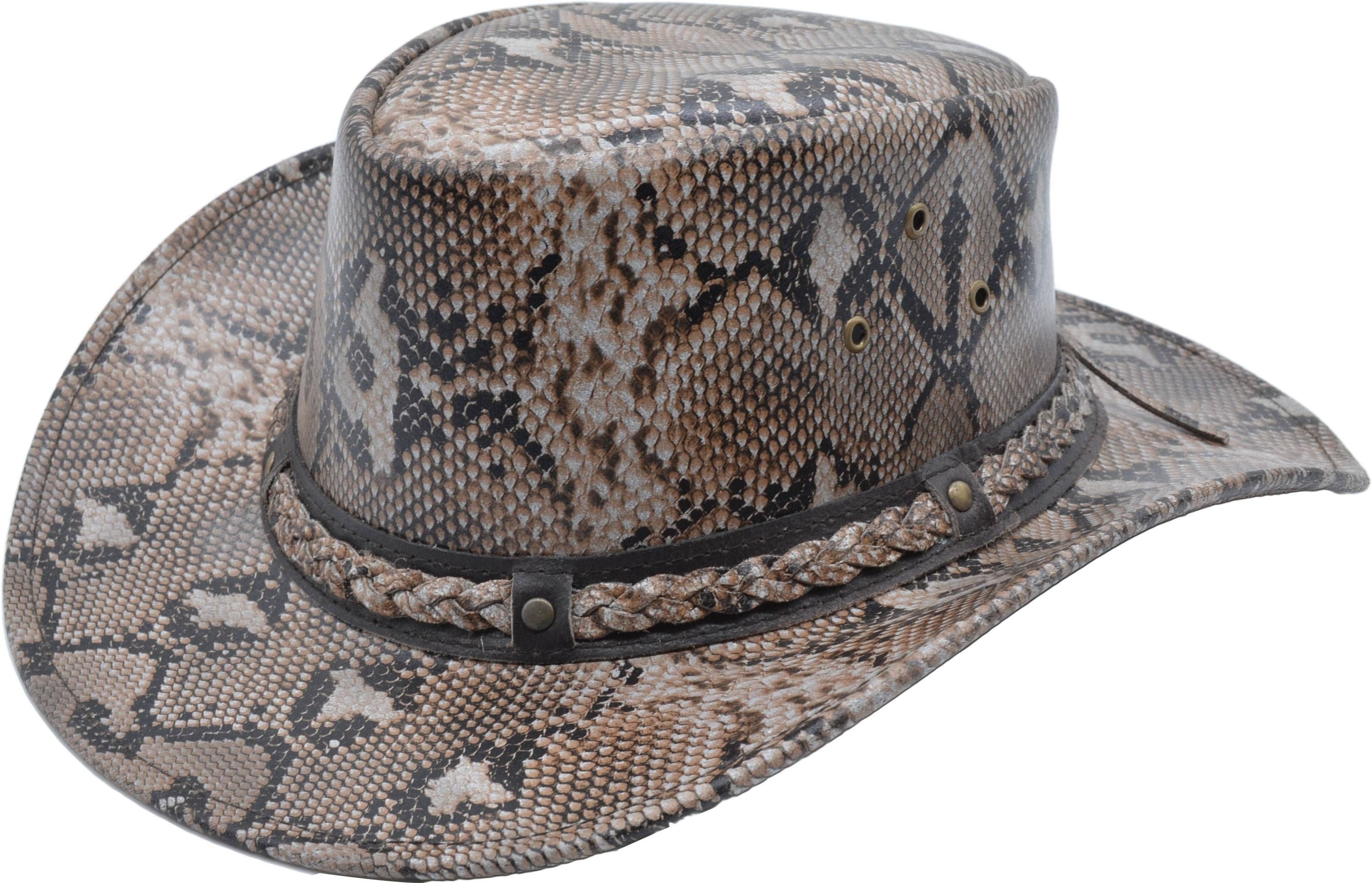 Snake Skin Pattern Leather Cowboy Hat. Handcrafted from thick, durable 100% genuine leather. Designed in London for unmatched style. Available in sizes S to XL. Comfortable to wear, easy to clean. Feel the premium quality and unique snake skin pattern in this versatile, authentic Western.