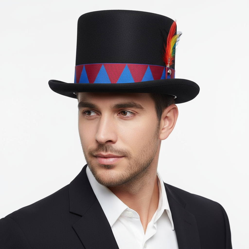 An oversized tall bowler hat with extra-high crown, crafted from 100% wool with satin lining. Features an adjustable Velcro strap for the perfect fit. This statement-making XXL bowler stands out with its extended height. Perfect for theatre, stage, or making a bold fashion statement
