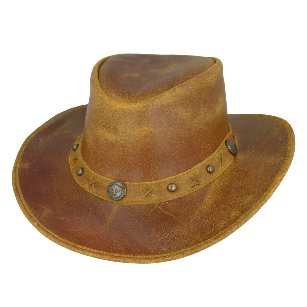 Genuine crazy leather Western Outback hat. UPF 40+ protection. Shapeable brim, chin strap. Brown, Camel, Tan. Sizes S/M/L/XL. Vintage design meets sun safety. Hat Details: Brand: Gladwin Bond Style: Western Outback Aussie Cowboy Hat Material: 100% Genuine Crazy Leather Colors: Brown, Camel, Tan.