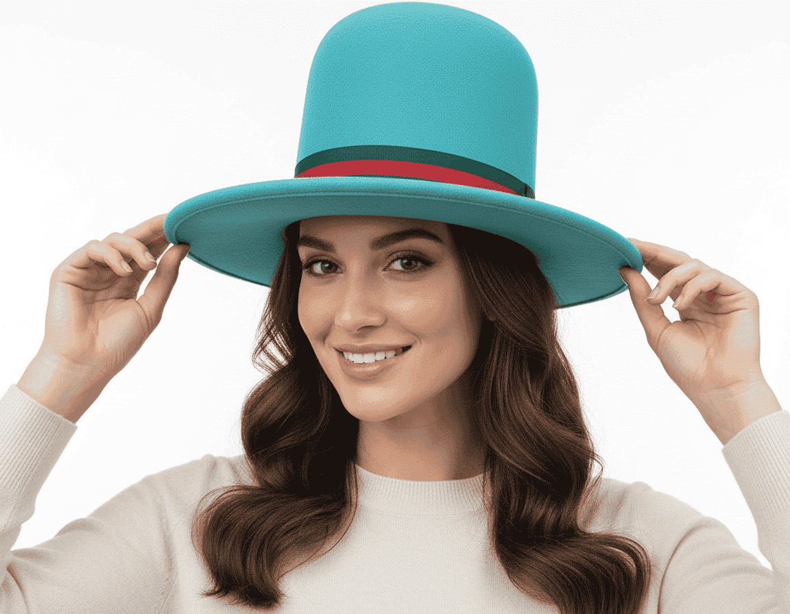 A uniquely shaped&nbsp;oversized tall hat handcrafted from 100% premium wool. Features an adjustable Velcro band for perfect fit and elegant ribbon bow detail. Available in Black, Teal, and Burgundy