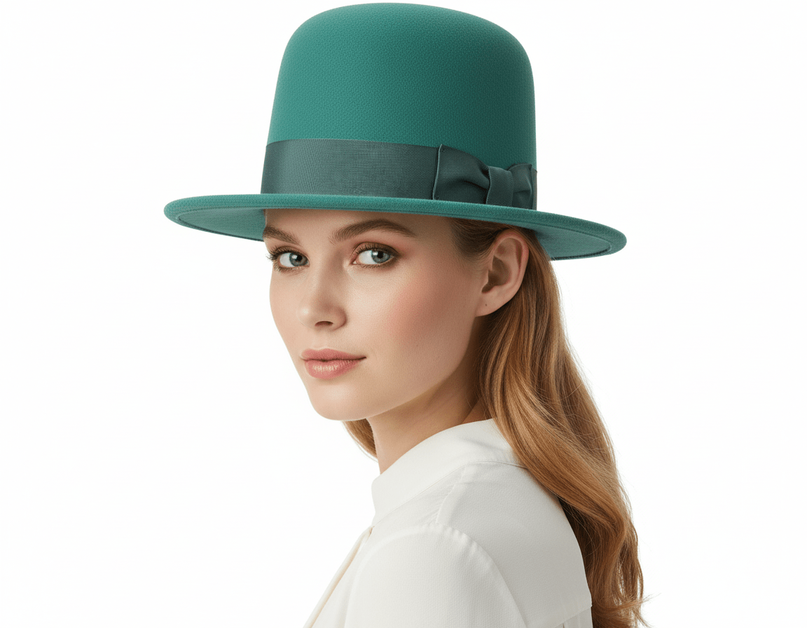 A dramatic 20cm high crown bowler hat handcrafted from 100% luxury wool.