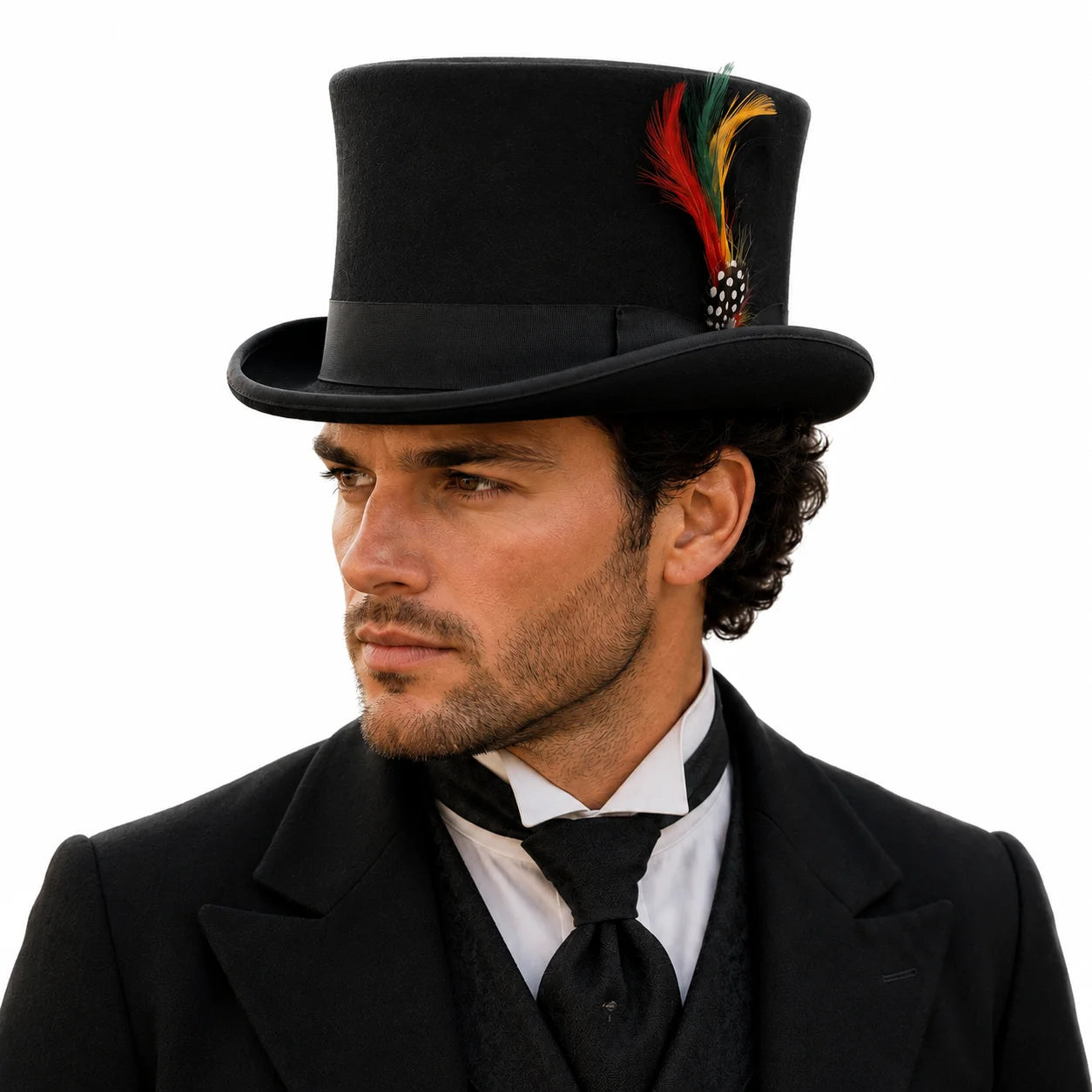 Man wearing a black top hat with feathers on a white background