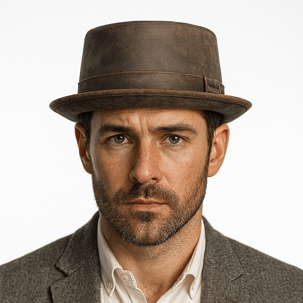 Chocolate Brown leather pork pie hat. Crafted from 100% sheepskin leather, this water-resistant hat features a high crown and wide brim, perfect for any occasion.