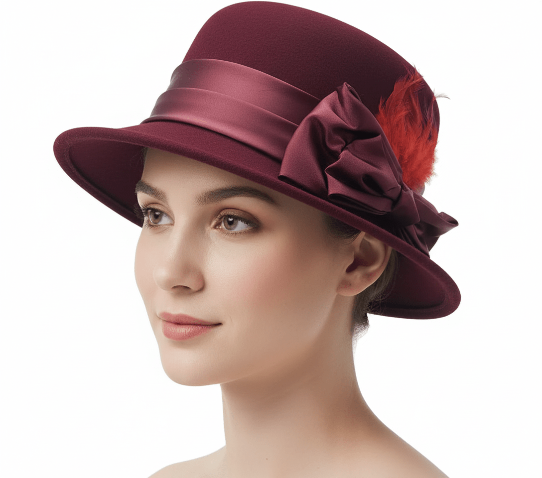 Vintage Wool Cloche Hat Water Resistant - Burgundy