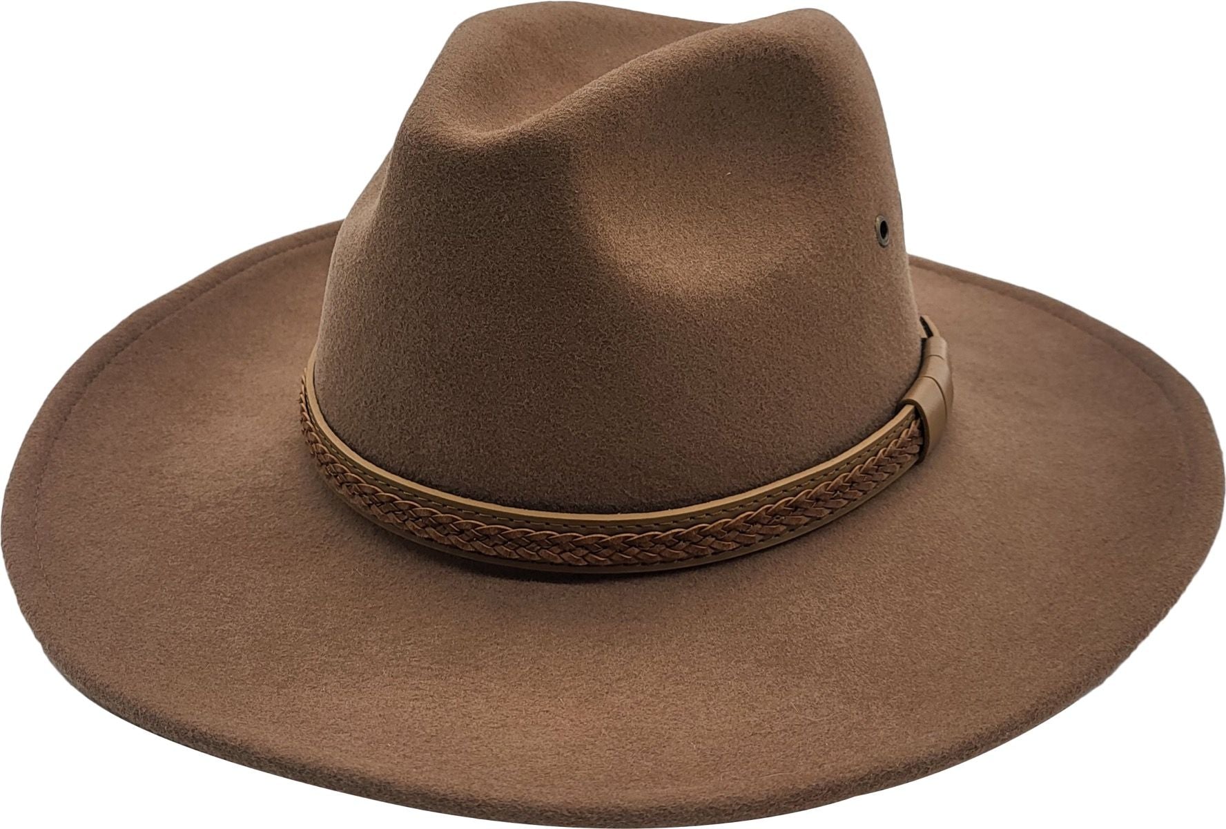 Brown Western style with our handmade 100% wool felt cowboy hat. Crushable, water-repellent, and supremely comfortable. Features wide brim for sun protection and high crown for ventilation. Available in Black, Brown, Olive-Green, and White, sizes S/M and L/XL. Durable, practical, and timelessly stylish for any cowboy.