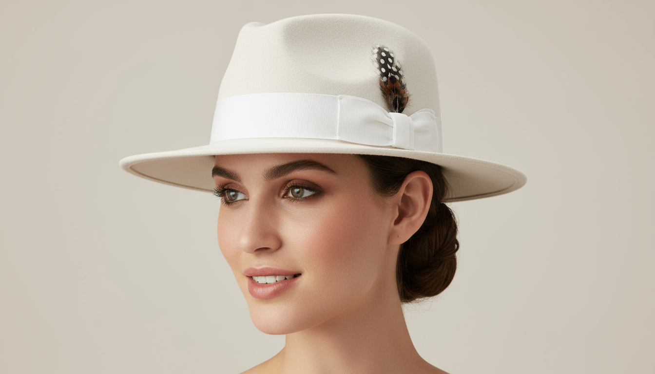 Handcrafted stiff brim fedora in 100% premium wool felt. Features elegant grosgrain ribbon band, satin lining, and signature feather detail. Available in Classic White or Black, sizes 55-60cm. Each hat combines traditional fedora styling with superior construction for timeless sophistication.
