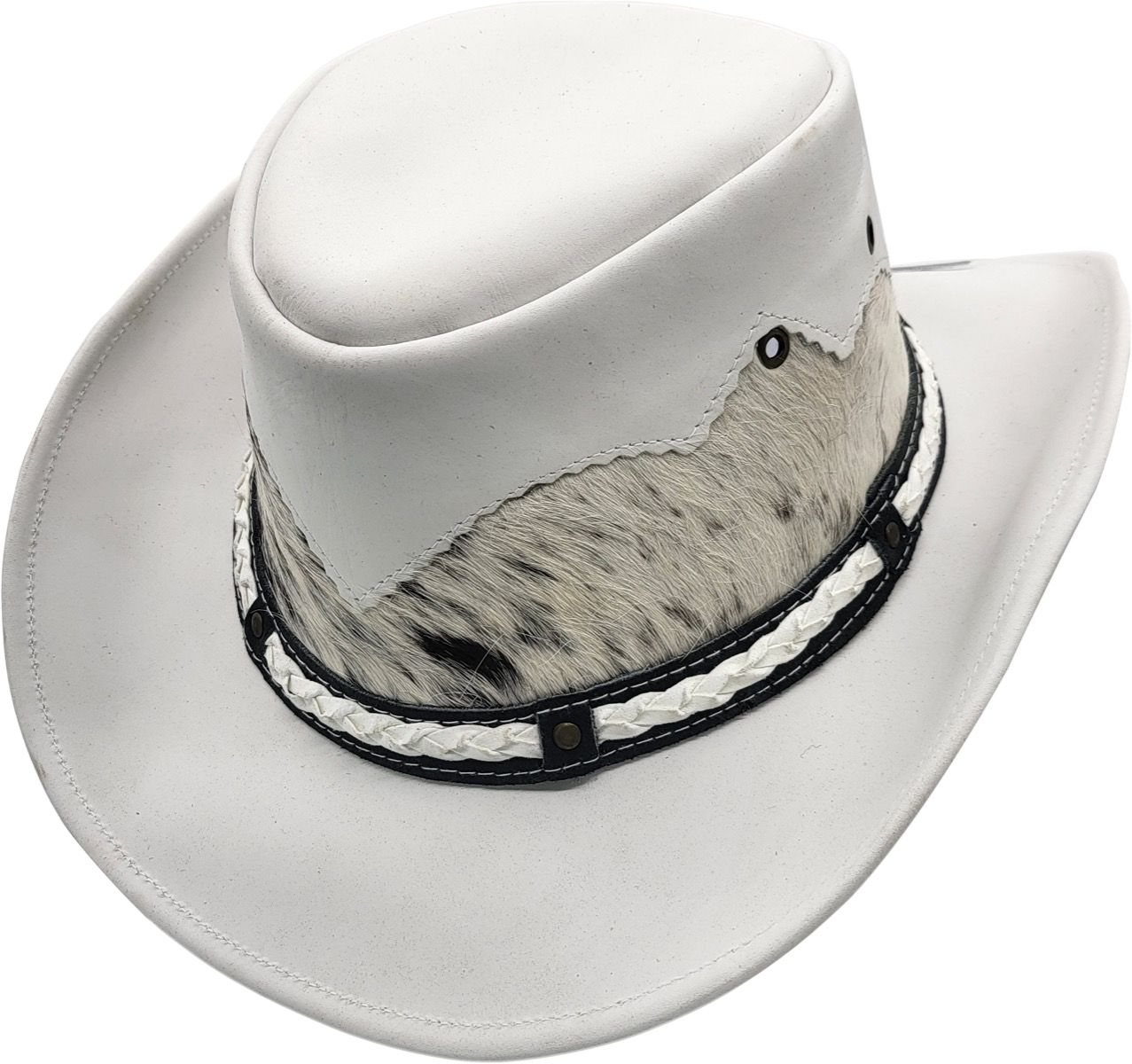 Western style with our handmade 100% genuine leather cowboy hat. Features cow fur crown, studded band, and waterproof design. Includes internal sweatband for comfort. Available in Black, White, and Brown, sizes S/M to XL. 11cm height, 7.5cm brim. Versatile for casual wear and themed events.