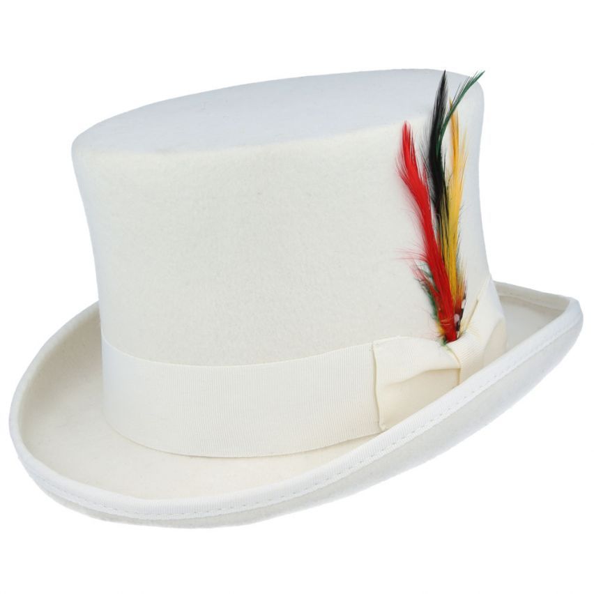 Wool Felt Top Hat - Handcrafted The Wool Felt Top Hat is a handcrafted classic made from 100% wool felt. It features a 5 2/5" high crown, a 2 2/6" wide curved brim, satin lining, and a leather sweatband. The grosgrain hat band and removable feather add a touch of elegance. Hat Details: Hand Made Made of 100% Wool Felt