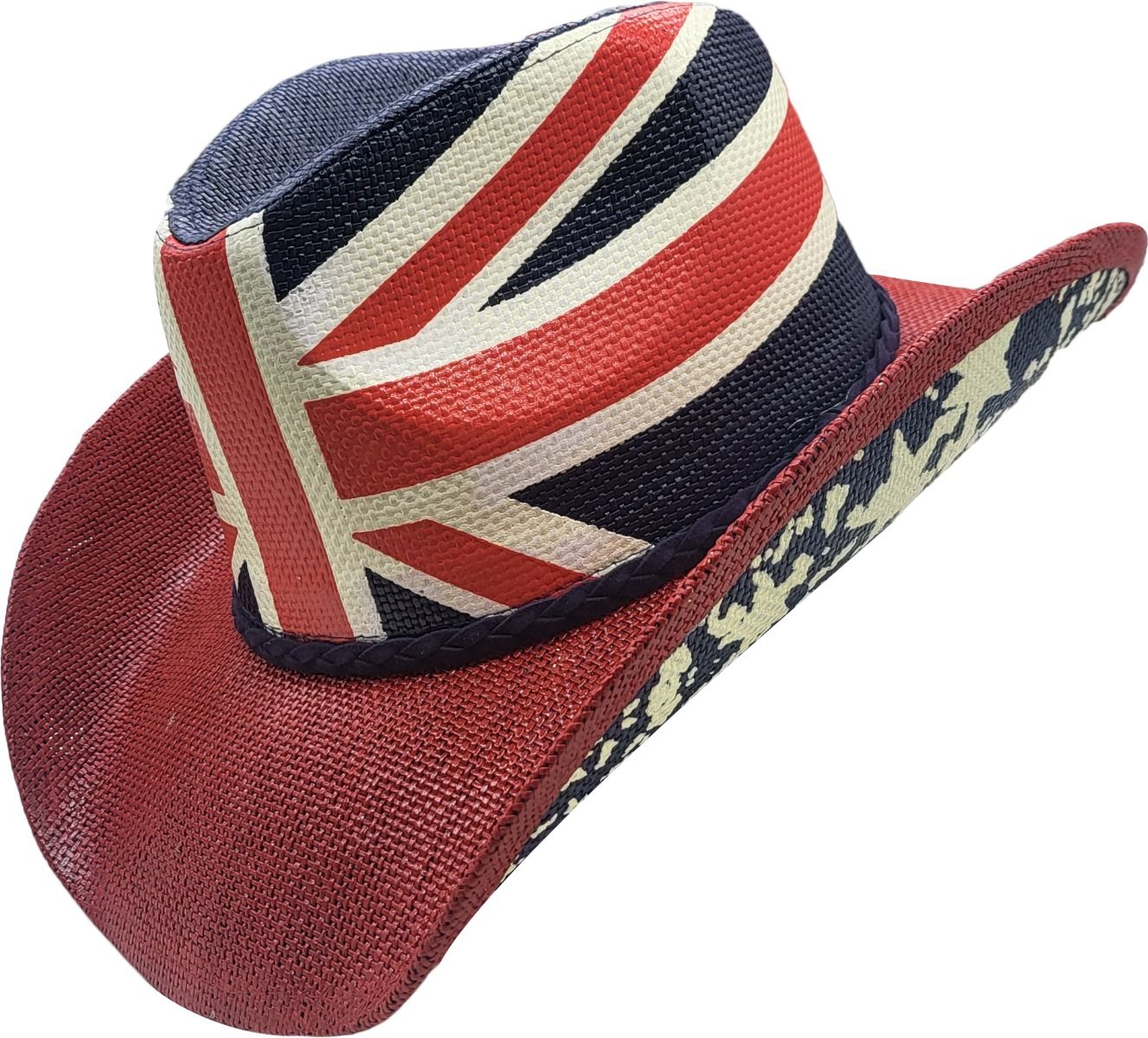 British meets Western in this unique Union Jack paper straw cowboy hat. A sustainable summer hat that keeps you cool and stands out in crowds. Made from eco-friendly straw with the iconic British flag design. Perfect for festivals, beach days, and summer shows. Fits all sizes.