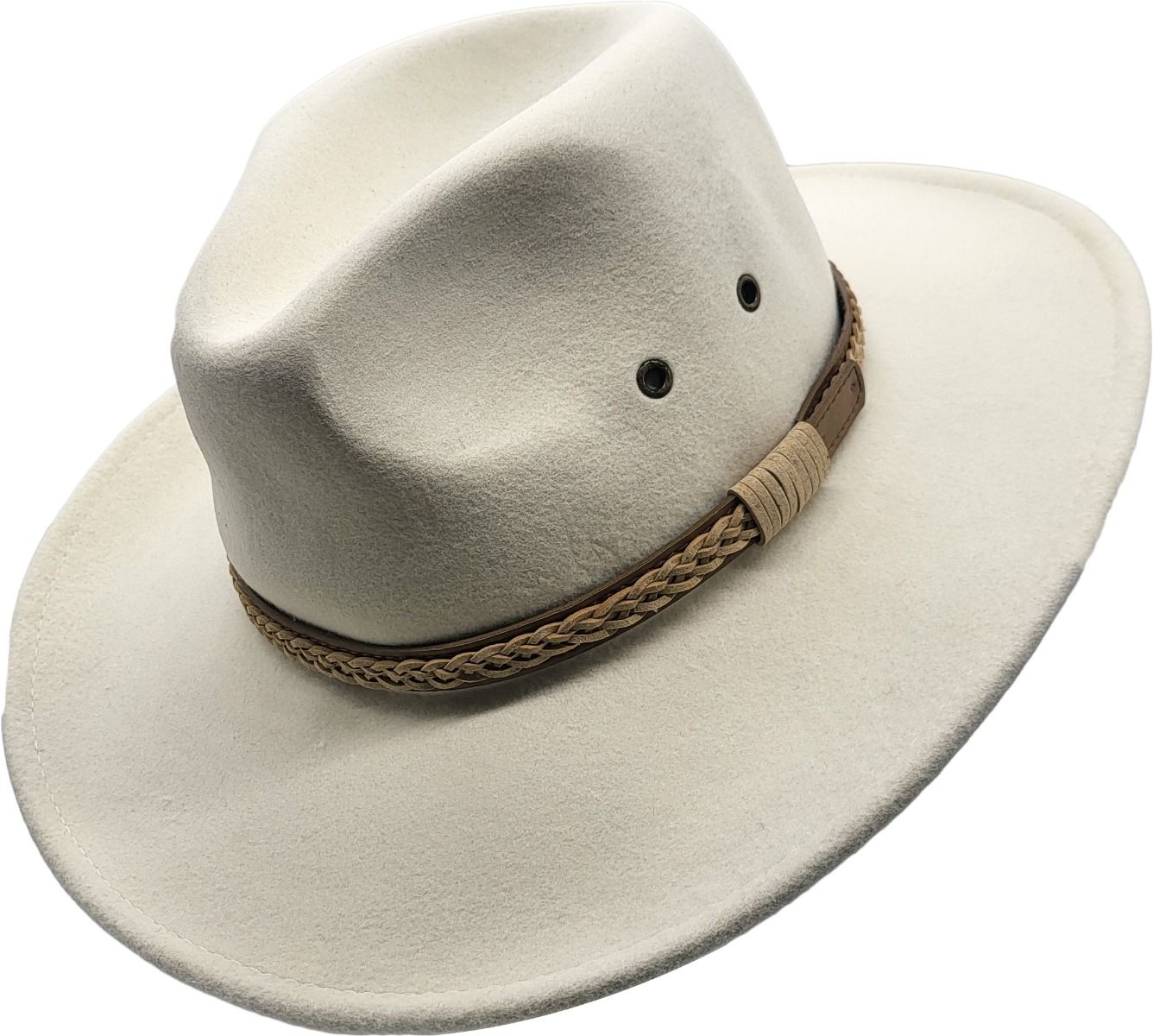 Western style with our handmade 100% wool felt cowboy hat. Crushable, water-repellent, and supremely comfortable. Features wide brim for sun protection and high crown for ventilation. Available in Black, Brown, Olive-Green, and White, sizes S/M and L/XL. Durable, practical, and timelessly stylish for any cowboy.