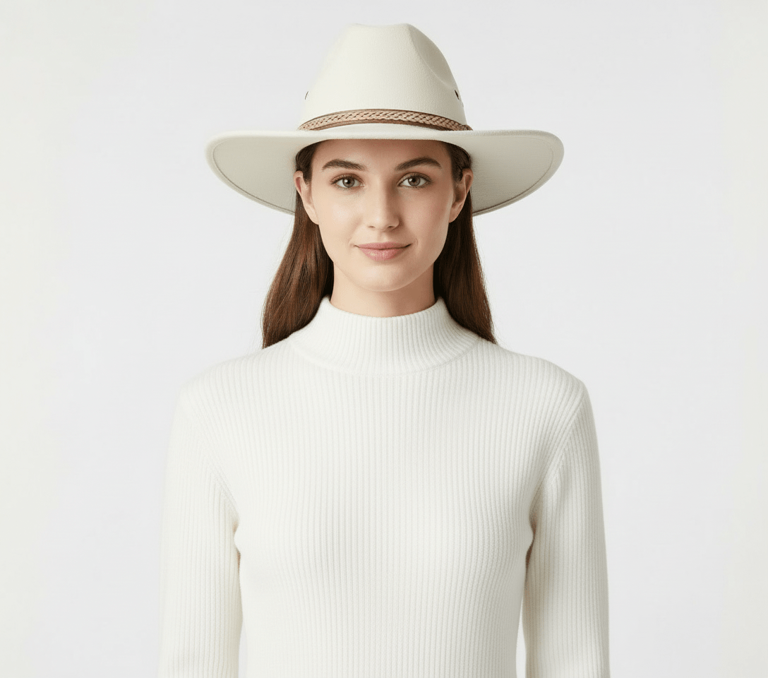White Handmade 100% Wool Felt Western Cowboy Hat. Check out our rugged charm of crushable, water-repellent, and supremely comfortable western hats. Features wide brim for sun protection and high crown for ventilation.

