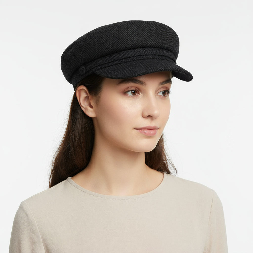 Front View of Charcoal Wool Herringbone Captain Hat by Novella Hats – Sailor Style