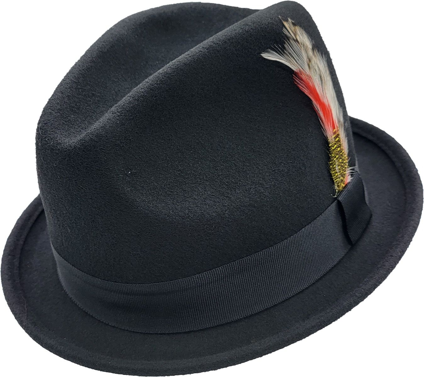 A short-brim Trilby handmade from pure wool felt (sizes 55-60cm). Each hat showcases a grosgrain ribbon, feather detail, and superior craftsmanship. Choose from Black, White, Grey, or Brown. The traditional shape and shorter brim make it versatile for both formal and casual wear.