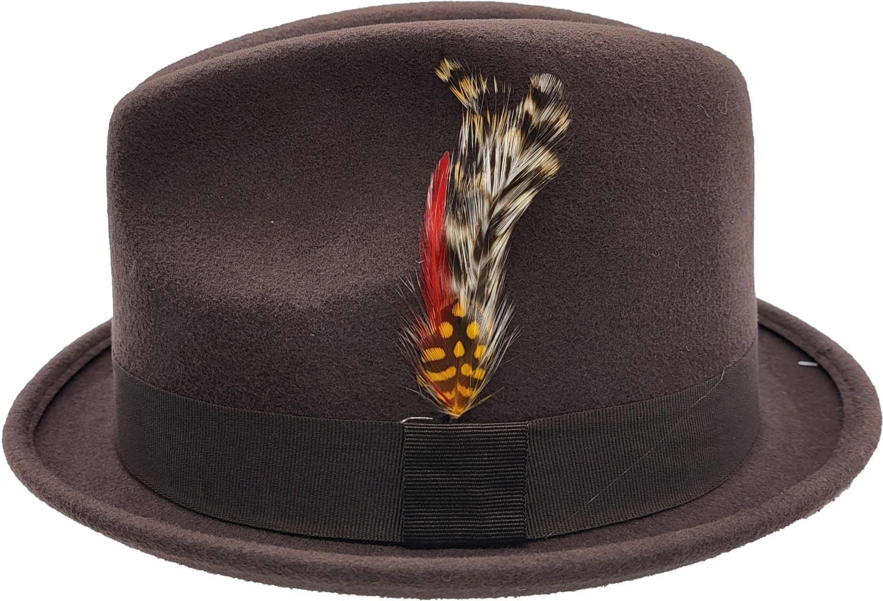 A short-brim Trilby handmade from pure wool felt (sizes 55-60cm). Each hat showcases a grosgrain ribbon, feather detail, and superior craftsmanship. Choose from Black, White, Grey, or Brown. The traditional shape and shorter brim make it versatile for both formal and casual wear.