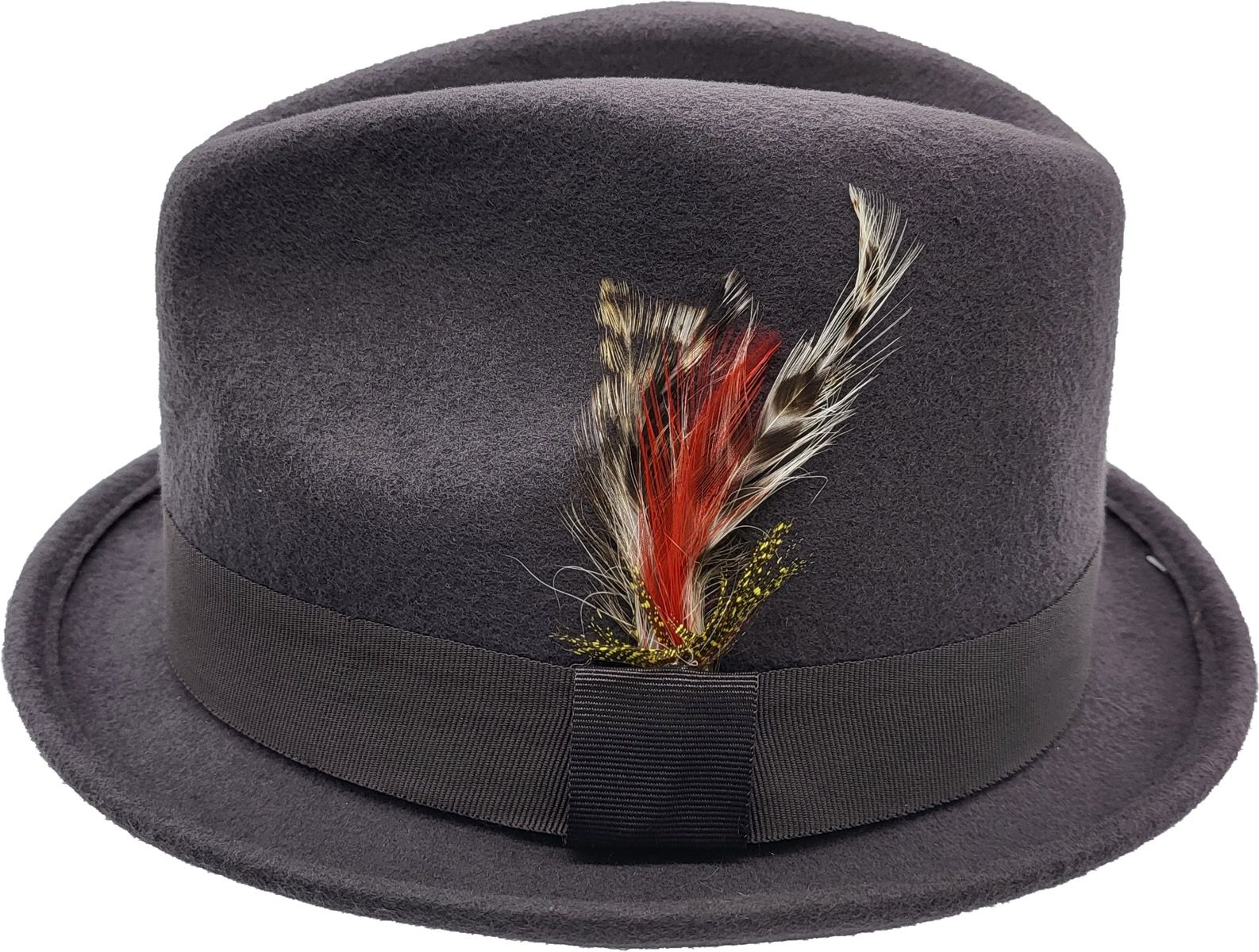 A short-brim Trilby handmade from pure wool felt (sizes 55-60cm). Each hat showcases a grosgrain ribbon, feather detail, and superior craftsmanship. Choose from Black, White, Grey, or Brown. The traditional shape and shorter brim make it versatile for both formal and casual wear.