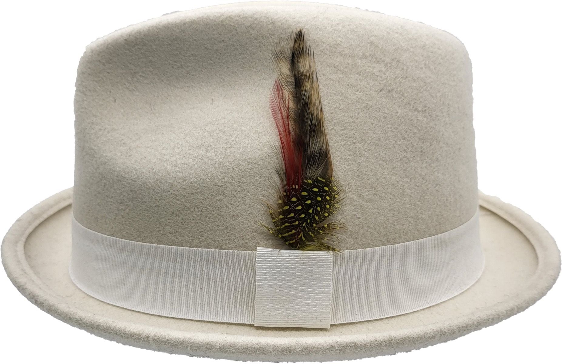 A short-brim Trilby handmade from pure wool felt (sizes 55-60cm). Each hat showcases a grosgrain ribbon, feather detail, and superior craftsmanship. Choose from Black, White, Grey, or Brown. The traditional shape and shorter brim make it versatile for both formal and casual wear.
