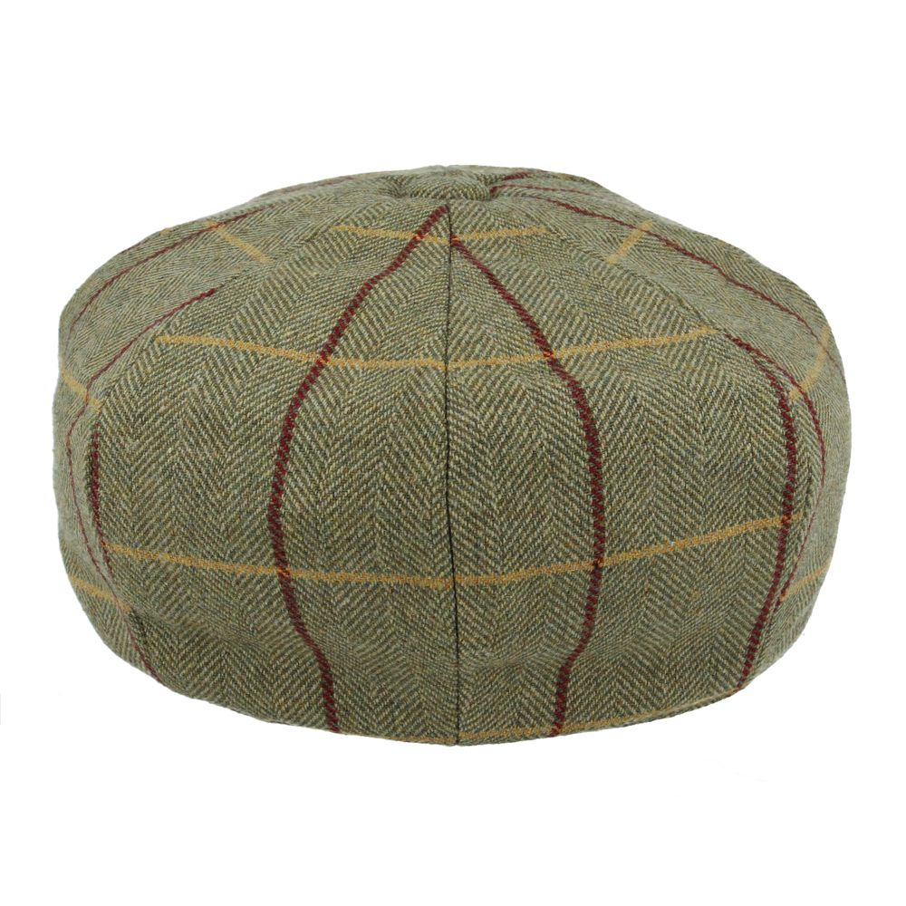 Wool Tweed Newsboy Cap with Green and Red Stripe, crafted from 40% wool and 60% polyester. Features include fabric protection from rain and stains, a quilted polyester lining, and a classic newsboy shape. Available in sizes S-XL. Enjoy style and durability.